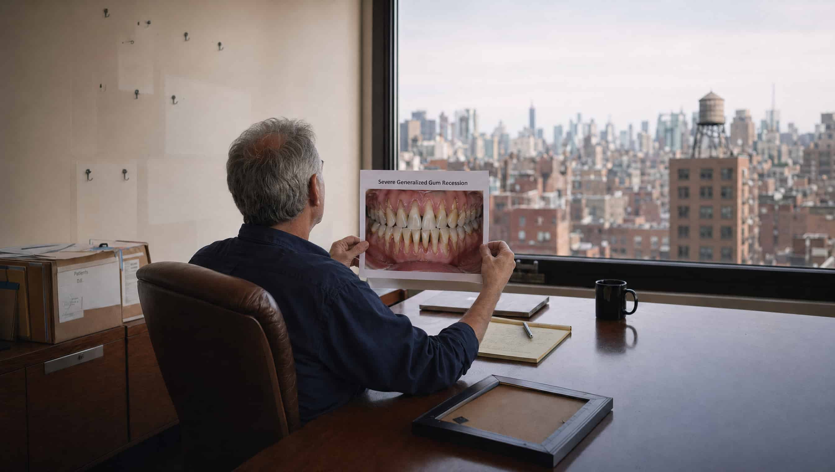 Recently-retired Manhattan periodontist seated at his desk, holding a clinical photograph of severe generalized gum recession, with the city skyline visible through his office window.