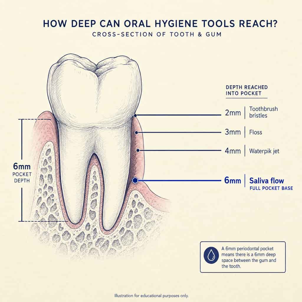 Cross-section illustration of a tooth and gum showing depths reached by oral hygiene tools: toothbrush bristles 2mm, floss 3mm, waterpik jet 4mm, saliva flow 6mm to full pocket base.